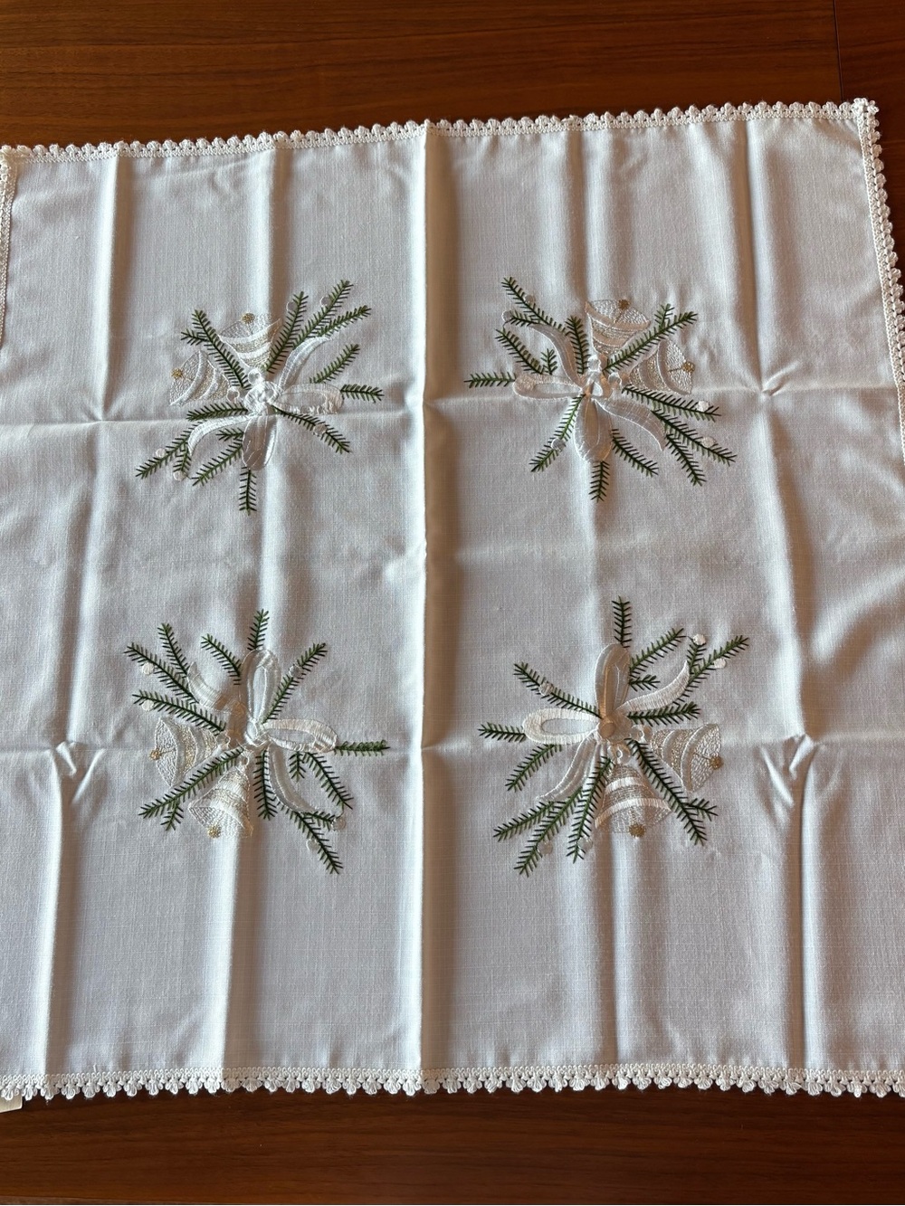 One White Embroidered Pine Needle (Christmas) Table Center (Square) Runner